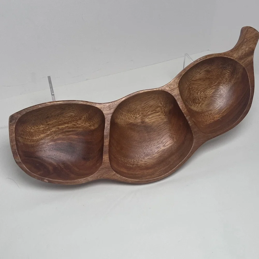 VTG Pea Pod Hand‎ Crafted 3 Section Divided Serving Tray Wood MCM Monkey Pod